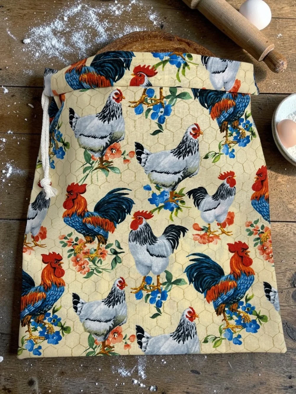 Farmhouse Raise Chickens Cotton Bread Bag, Reusable Cloth Sourdough Storage